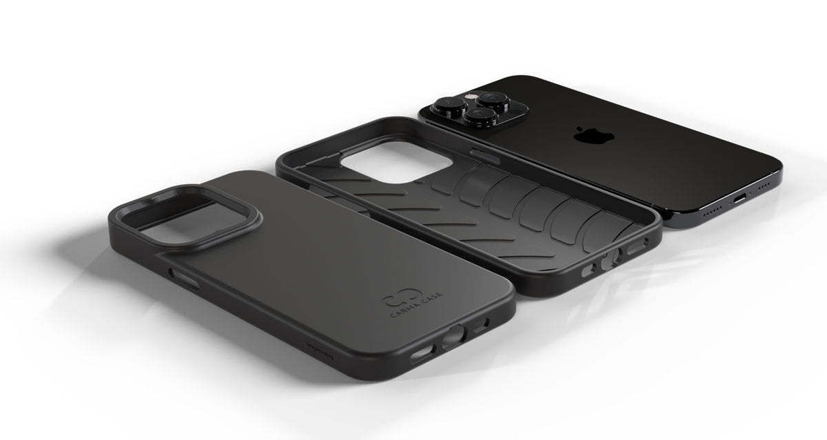 front and back of black case next to iphone 15. sleek, durable design without extra bulk.