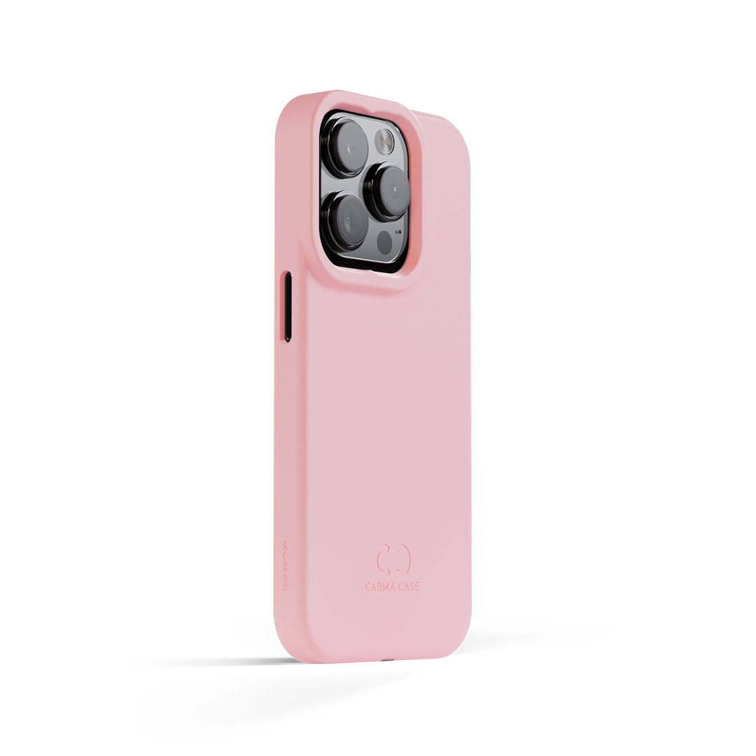 back of pink blossom colored case with phone